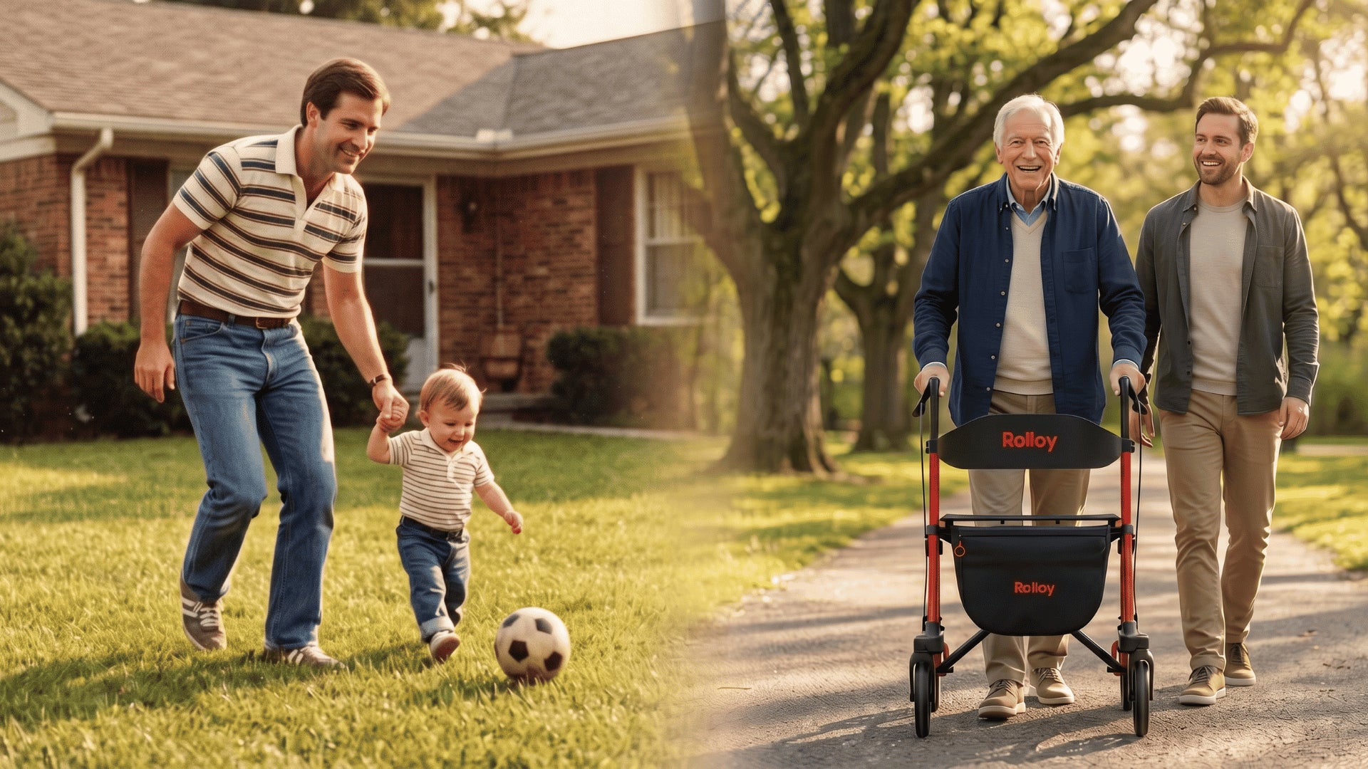 Family playing soccer in a yard with a man using a Rolloy rollator.