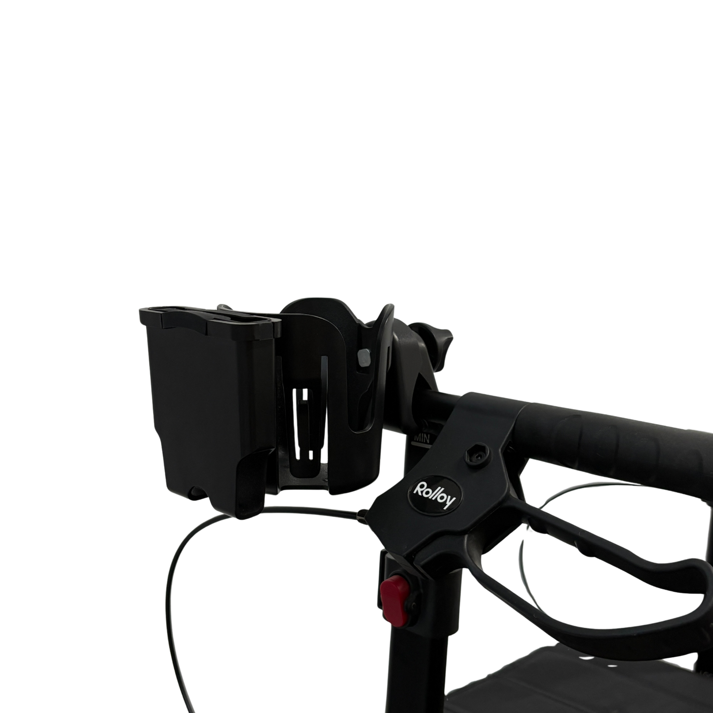 Rolloy rollator handlebar with a cup holder on a white background