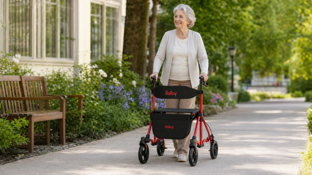 Senior woman using a red Rolloy Compact Master Rollator Walker with seat on an outdoor path.