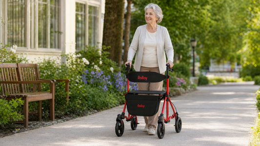 Senior woman using a red Rolloy Compact Master Rollator Walker with seat on an outdoor path.