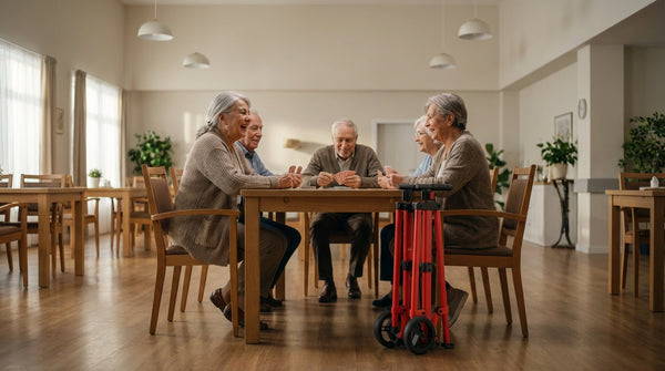 Three older adults sitting around a table in a bright home with a red rollator walker beside them. 