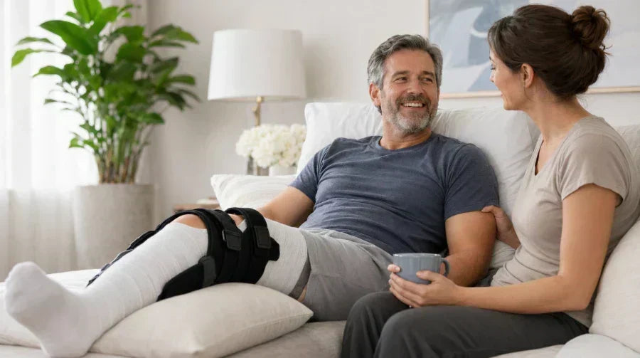 Man recovering at home with knee brace, Rolloy mobility walker nearby.