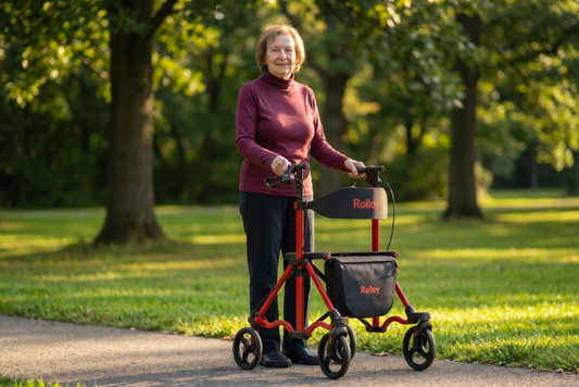 Senior woman using a rollator walker in a park 