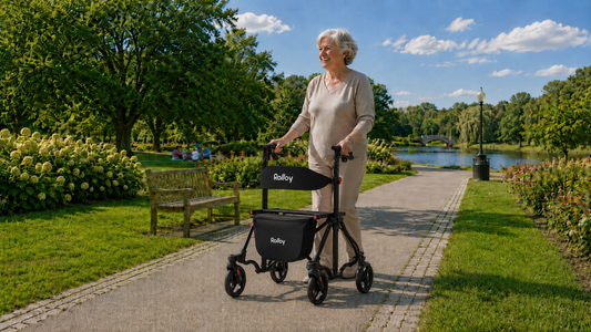 Older woman walking with a black Rolloy four-wheel rollator on a paved park path.