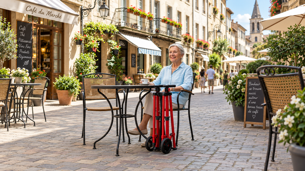 Folded indoor walker beside an older adult