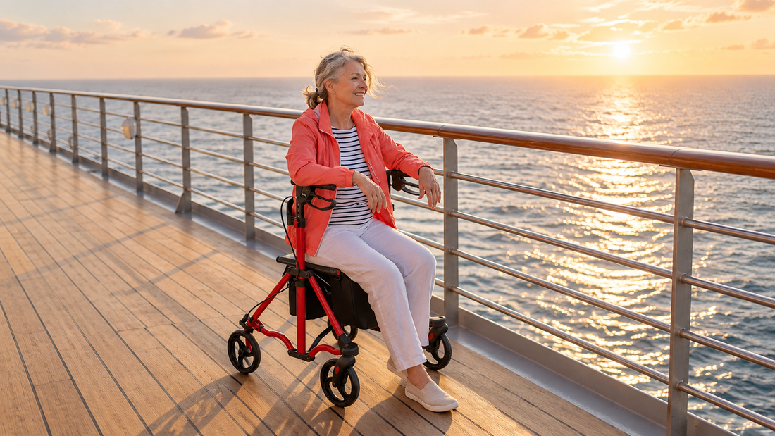Senior woman using a red rollator walker on a seaside deck at sunset
