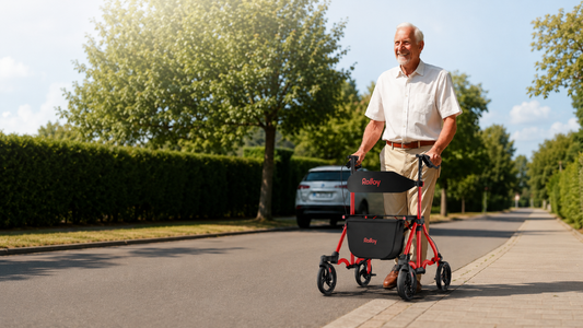 Older man walking outdoors with a red Rolloy four-wheel rollator walker. 
