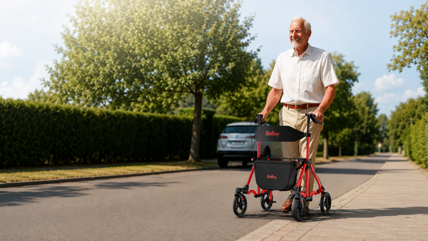 Older man walking outdoors with a red Rolloy four-wheel rollator walker. 