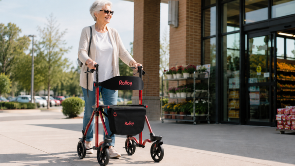 Senior using a lightweight walker with seat for daily errands