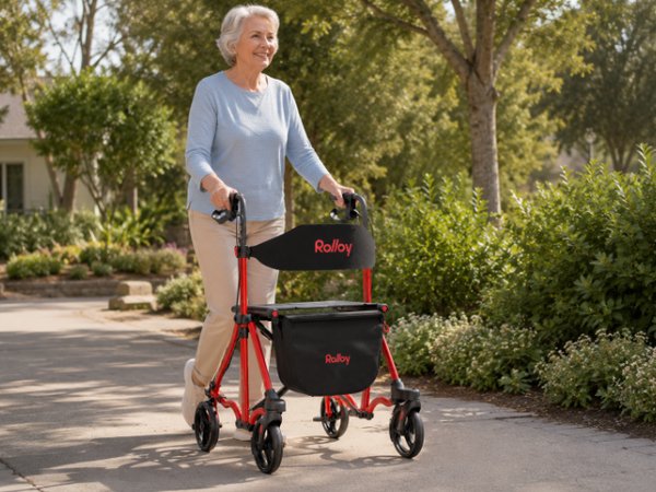  Older adult walking with a rollator outdoors 