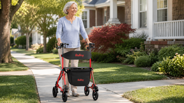 Senior using a walker with seat and storage bag outdoors