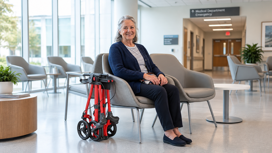 Senior woman with a folded red rollator walker in a hospital waiting area