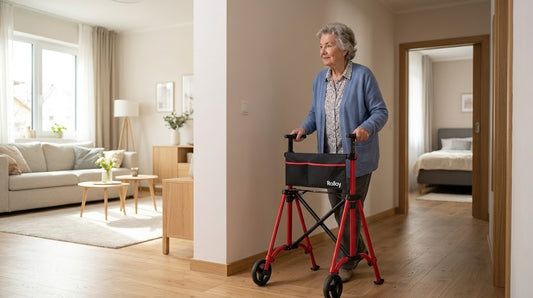 Senior woman using a 2-wheel walker near a bathroom doorway 