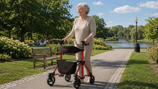 A smiling elderly woman walks along a sunny park path using a red Rolloy rollator walker with a built-in seat and storage bag. 
