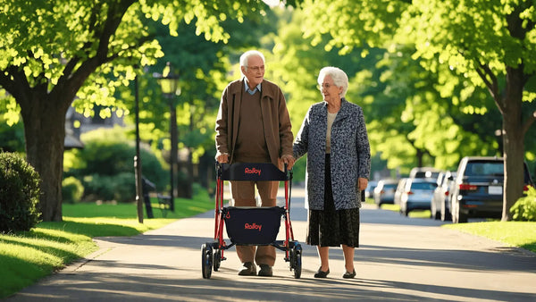 Rolloy Compact Master Hero Image, two seniors walk with Rolloy Rollator