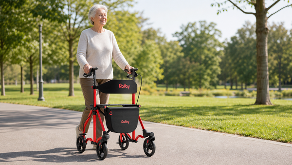Older woman walking with a red Rolloy adult walker with seat on a paved park path