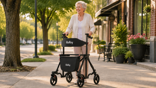 Senior woman using a rollator walker with accessories for daily errands