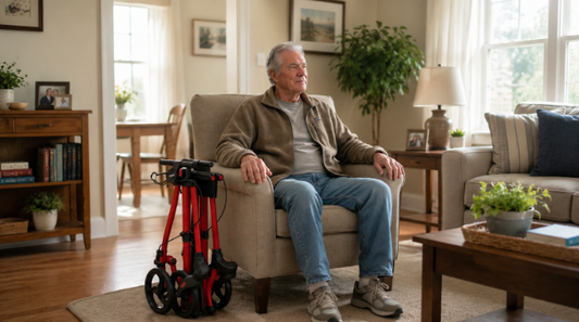 Senior man sitting at home with a folded rollator walker beside him