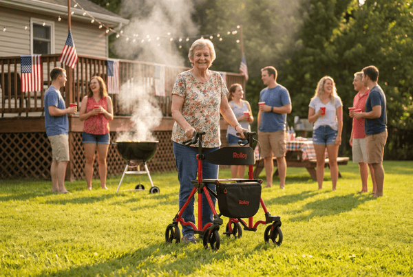 Senior using a walker with seat and storage bag for outdoor daily mobility 