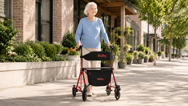 Senior regaining independence with a portable walker outdoors 