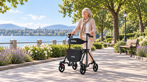 Older woman using a Rolloy rollator on a park path 