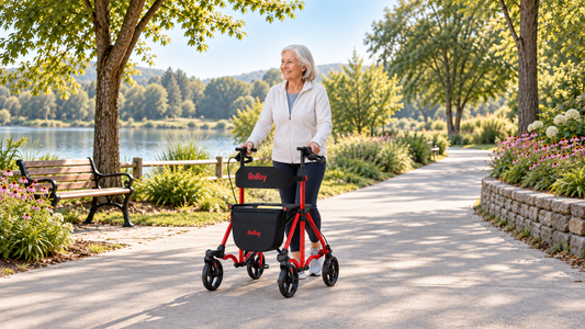 Senior woman using a red rollator on a firm hard-packed nature trail with a companion.