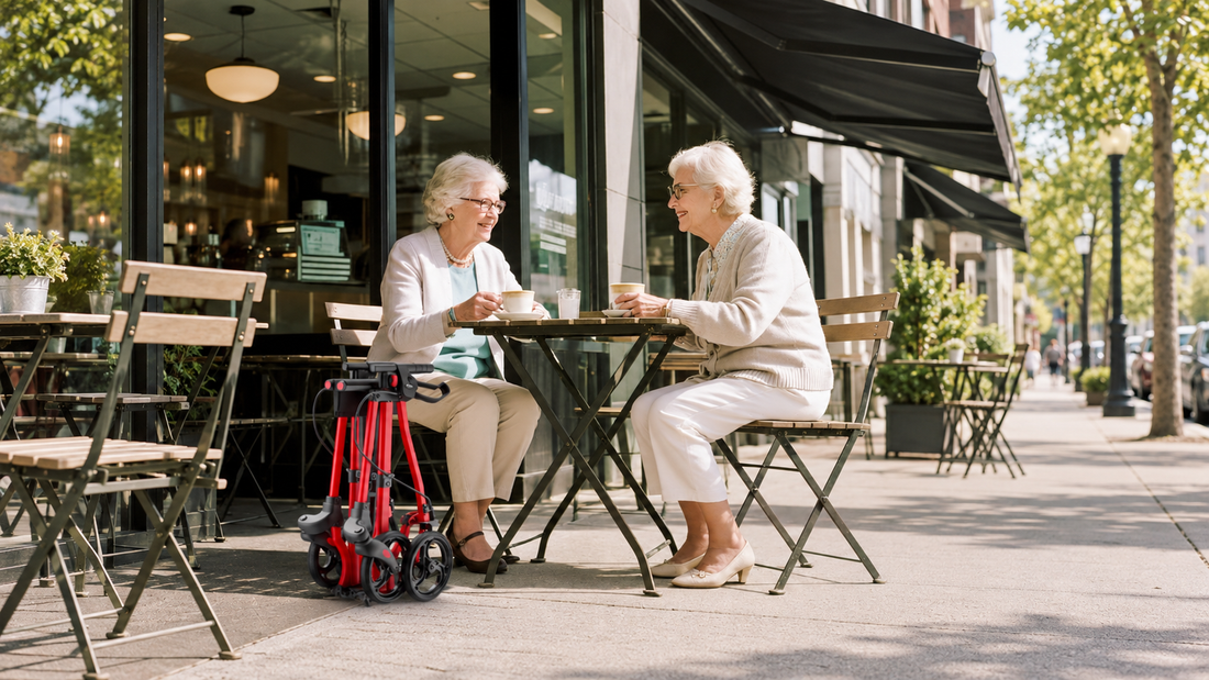 Older adults at a cafe beside a folded Rolloy rollator 