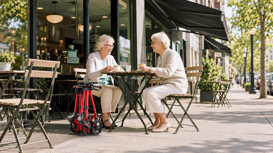 Older adults at a cafe beside a folded Rolloy rollator 