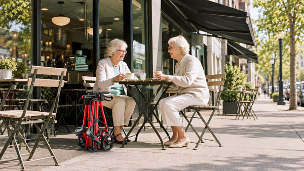 Older adults at a cafe beside a folded Rolloy rollator 
