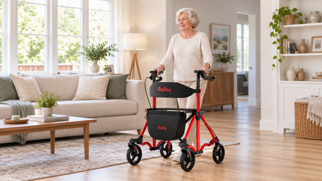 Senior woman using a red rollator walker in a bright living room