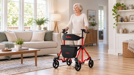 Senior woman using a red rollator walker in a bright living room
