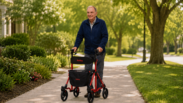 Senior man using a rollator walker for safer daily mobility