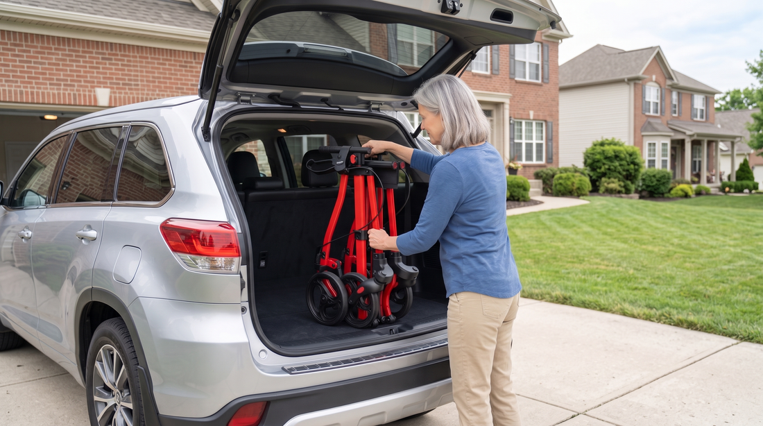 Senior woman placing a folded red rollator walker into an SUV for travel 