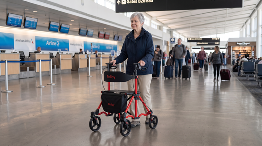 Senior woman using a red Rolloy rollator in an airport terminal 