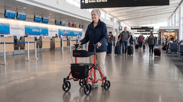 Senior woman using a red Rolloy rollator in an airport terminal 