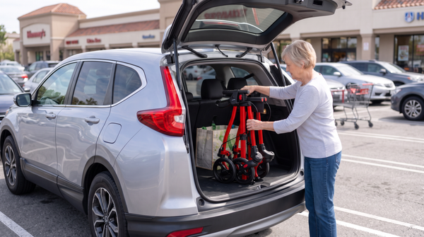 Senior woman loading a folded red rollator into an SUV trunk 