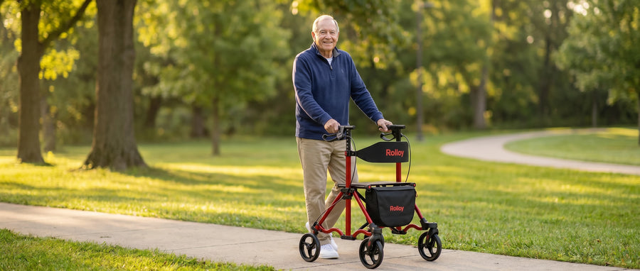 Senior using Rolloy rollator walker outdoors on neighborhood street