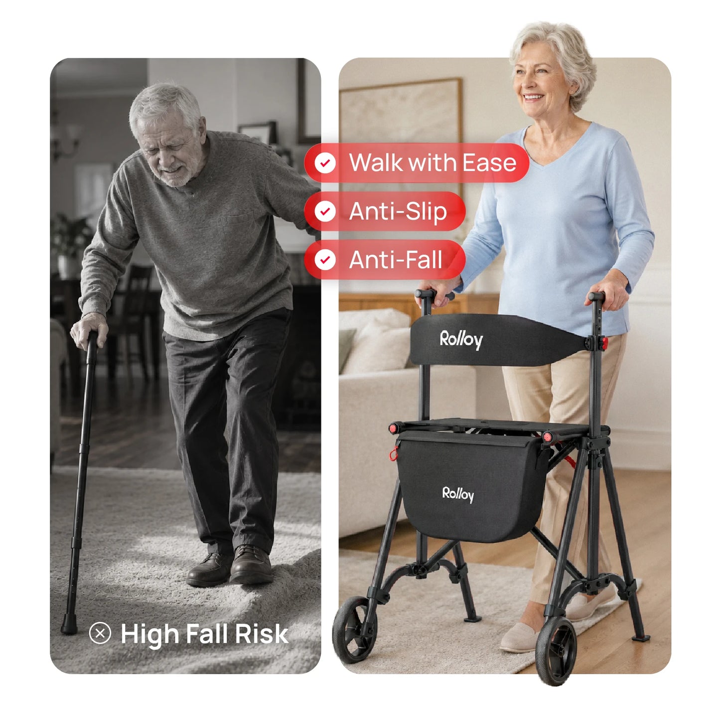 Compact Master 2-Wheel Walker with Seat - Lightweight, with 2 Glide Skis