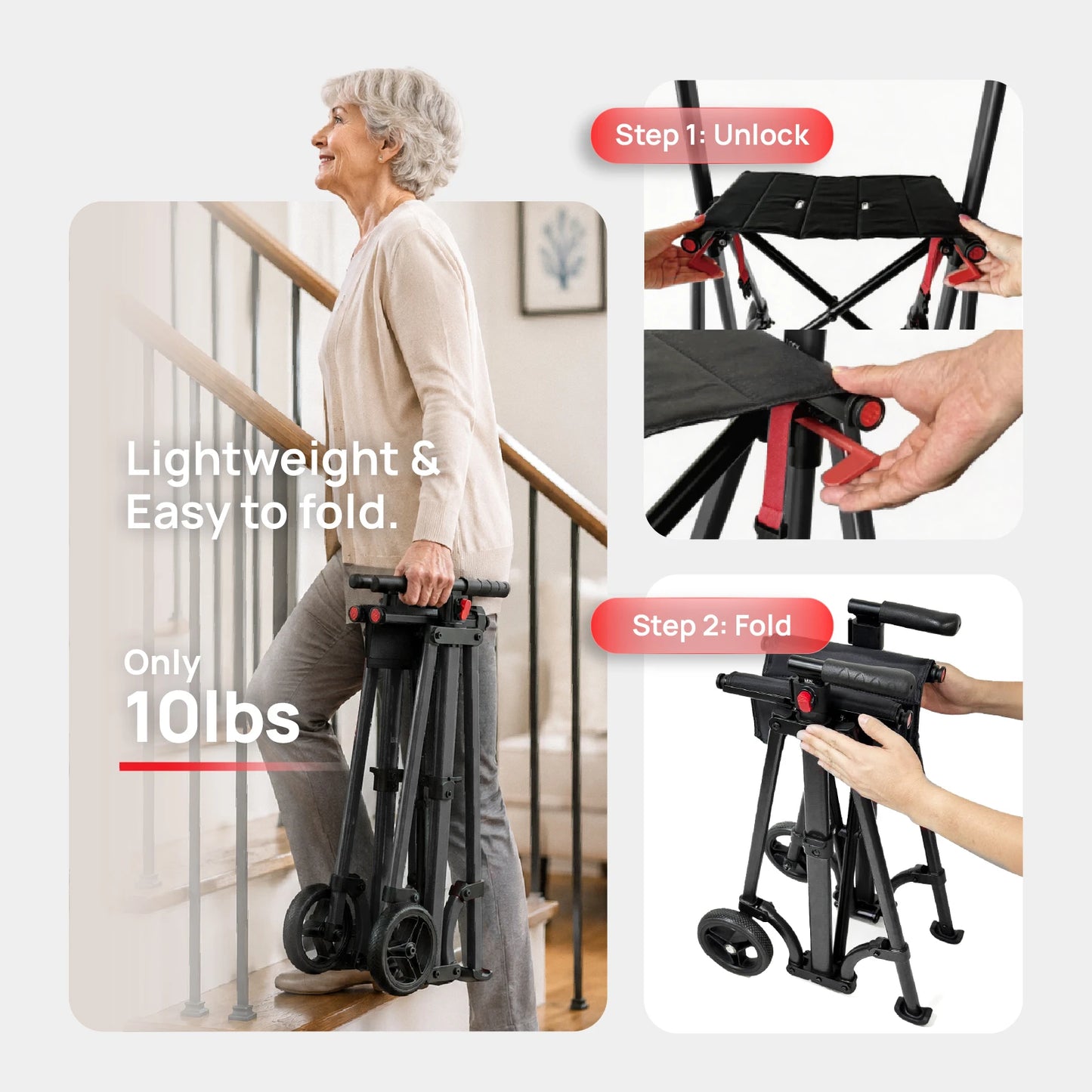 Compact Master 2-Wheel Walker with Seat - Lightweight, with 2 Glide Skis