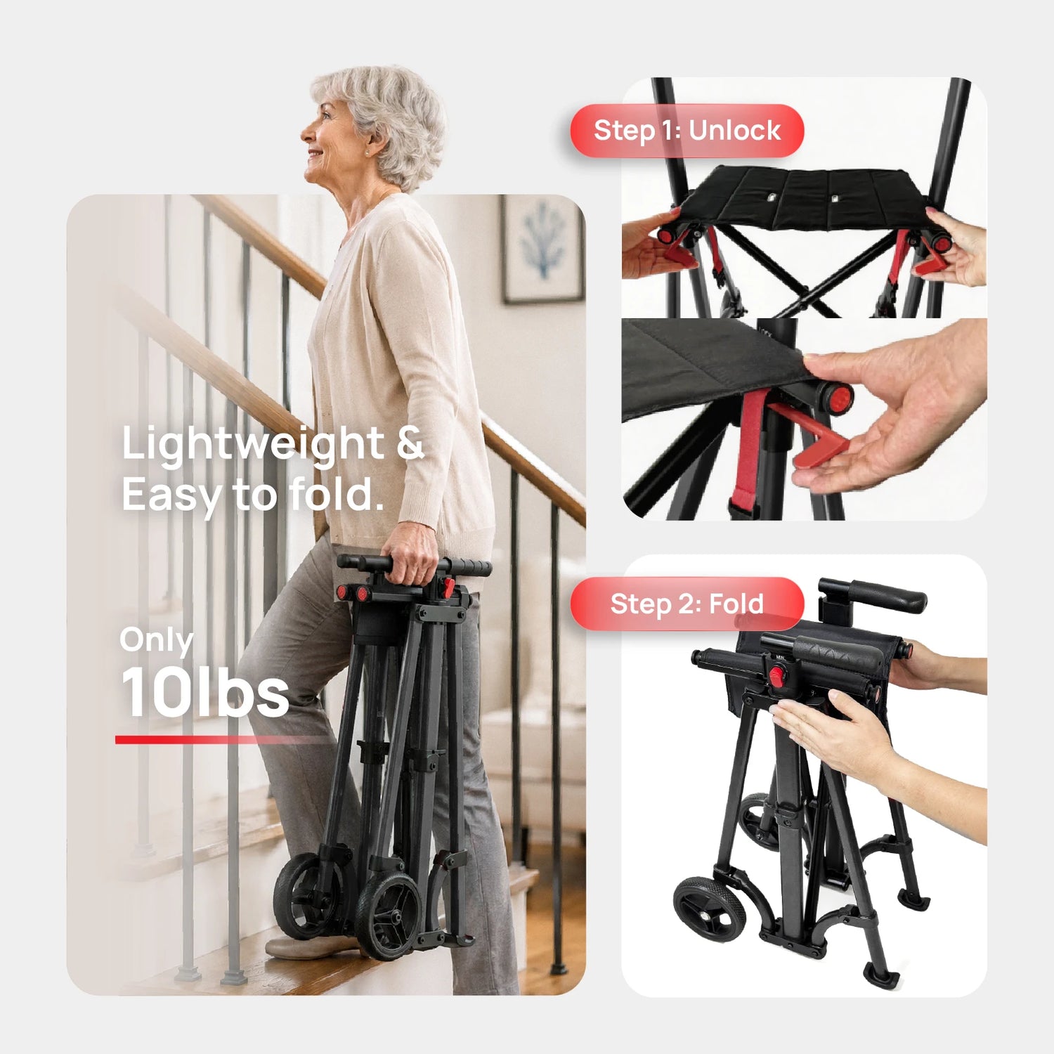 Compact Master 2-Wheel Walker with Seat - Lightweight, with 2 Glide Skis