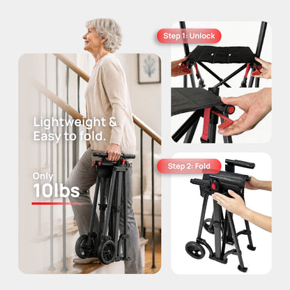 Compact Master 2-Wheel Walker with Seat - Lightweight, with 2 Glide Skis