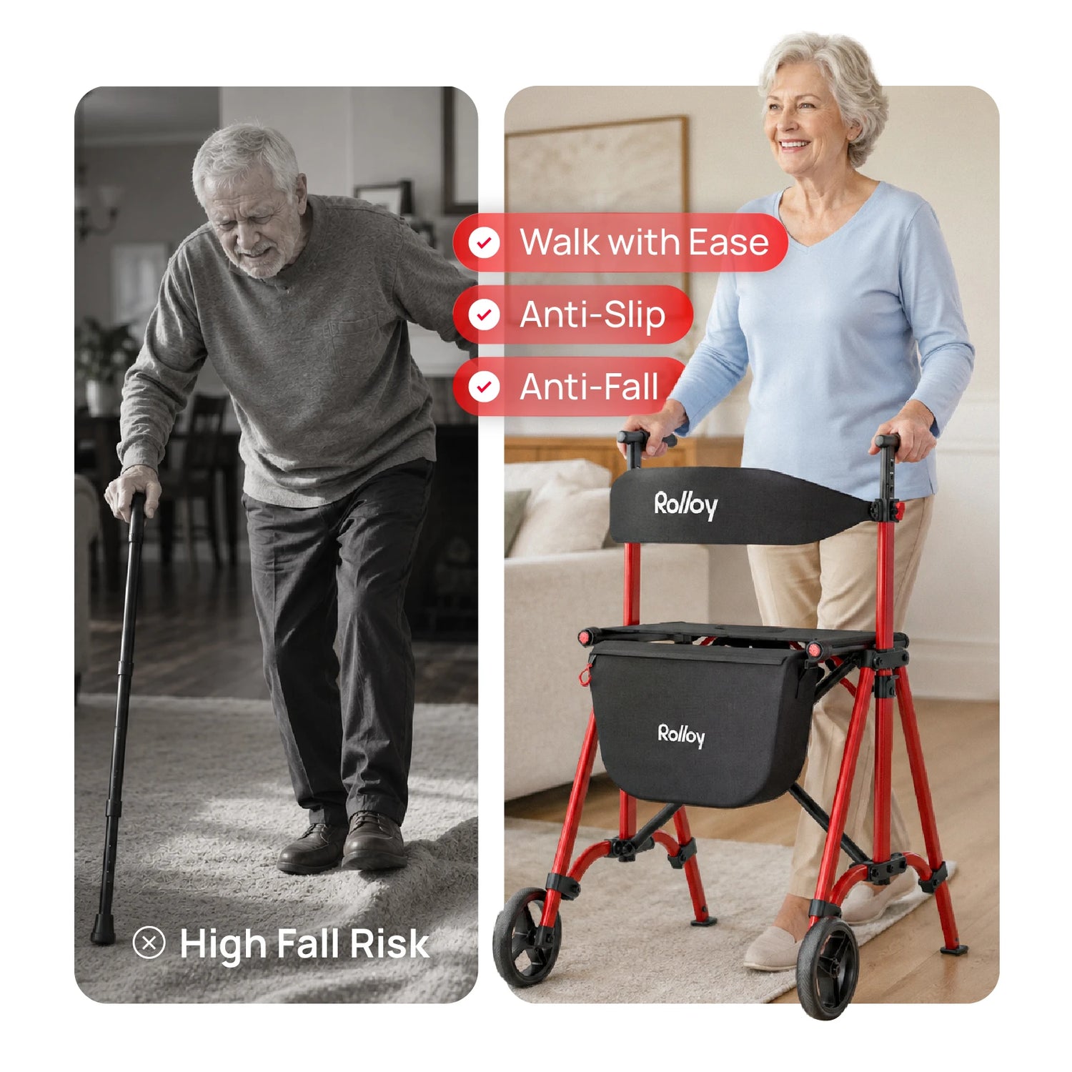 Compact Master 2-Wheel Walker with Seat - Lightweight, with 2 Glide Skis