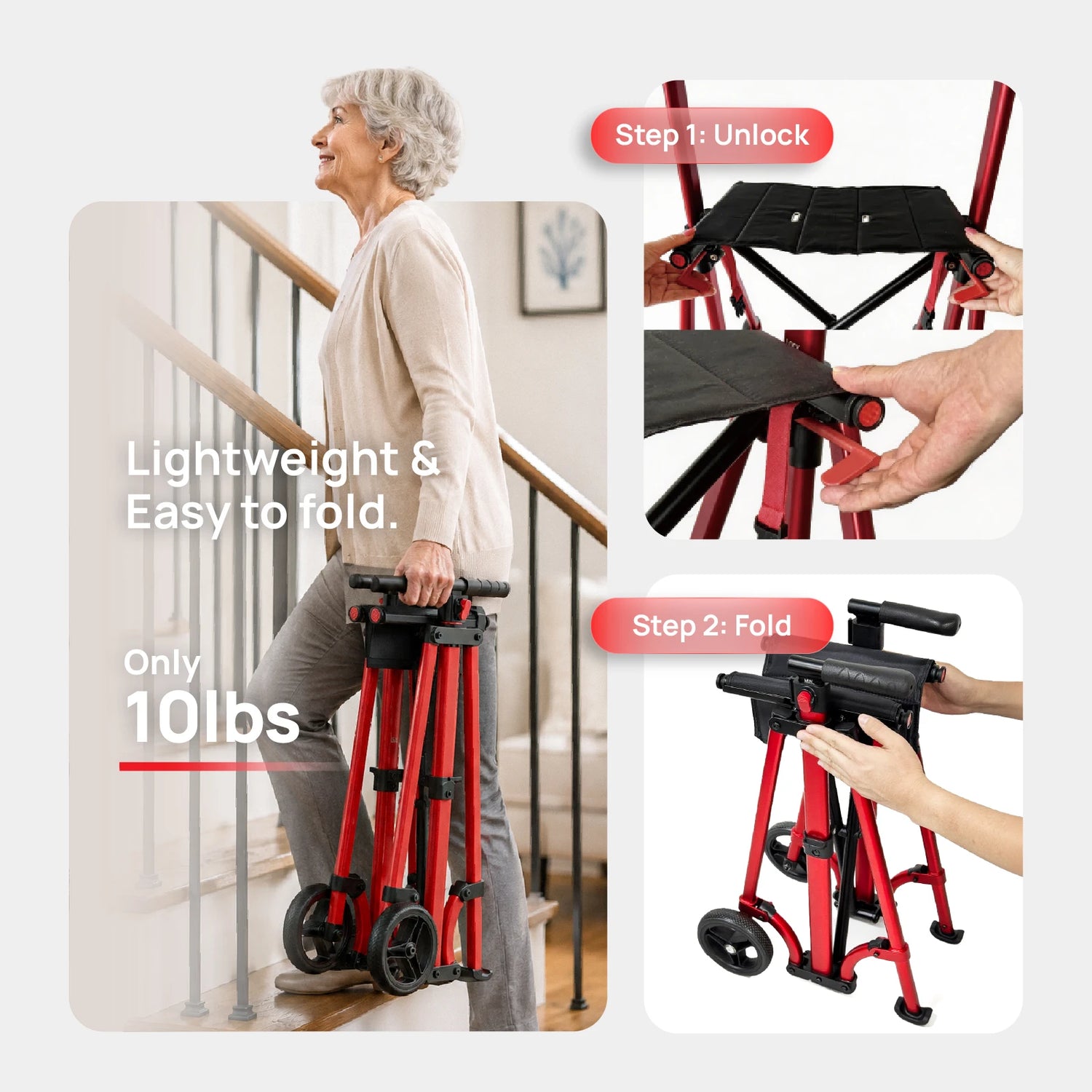 Compact Master 2-Wheel Walker with Seat - Lightweight, with 2 Glide Skis