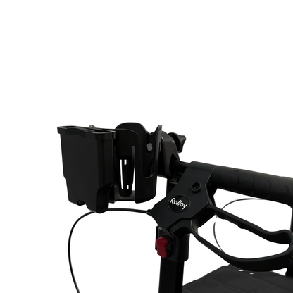Rolloy rollator handlebar with a cup holder on a white background