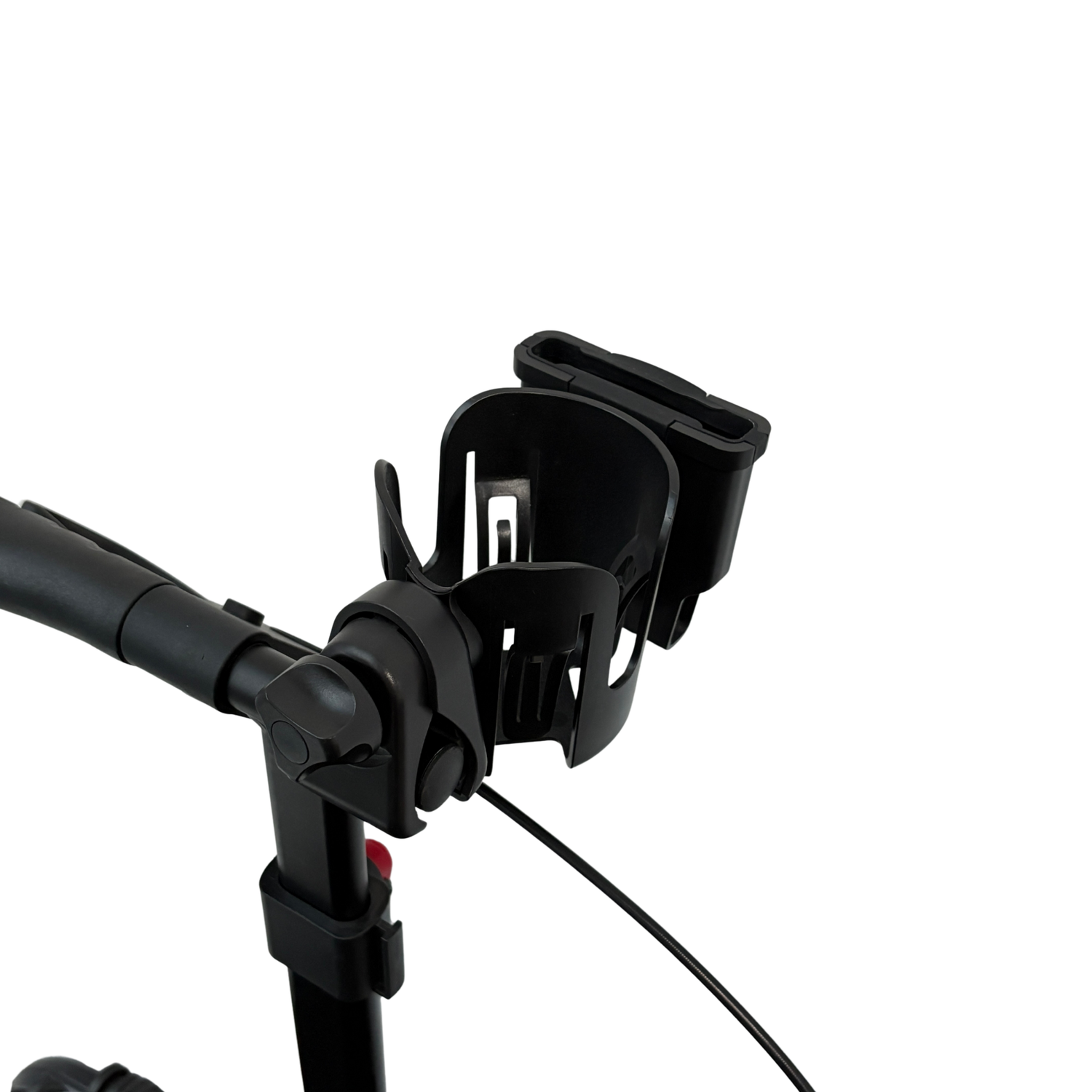 Rolloy rollator handlebar with a cup holder on a white background
