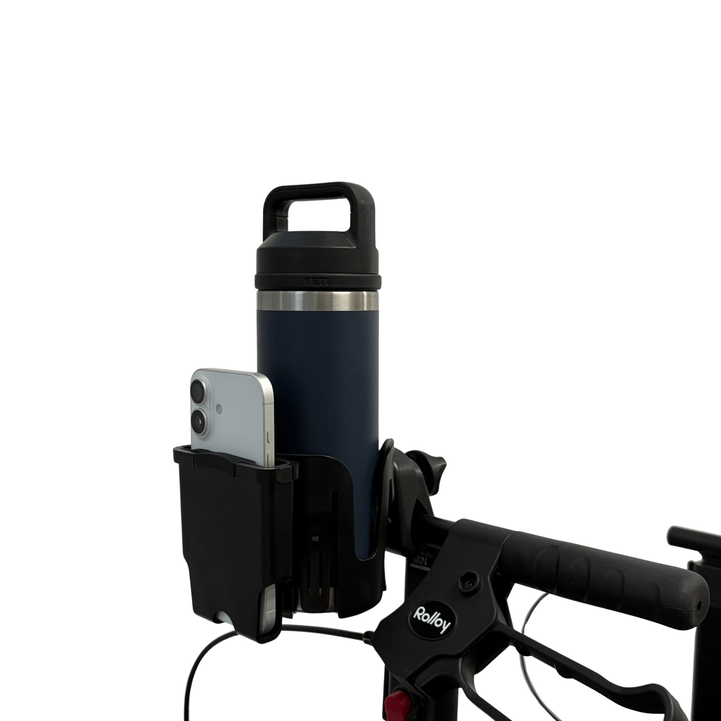 Rolloy rollator handlebar with a cup holder on a white background