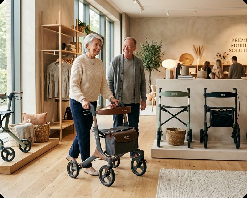 Senior couple with rollator at home (placeholder)