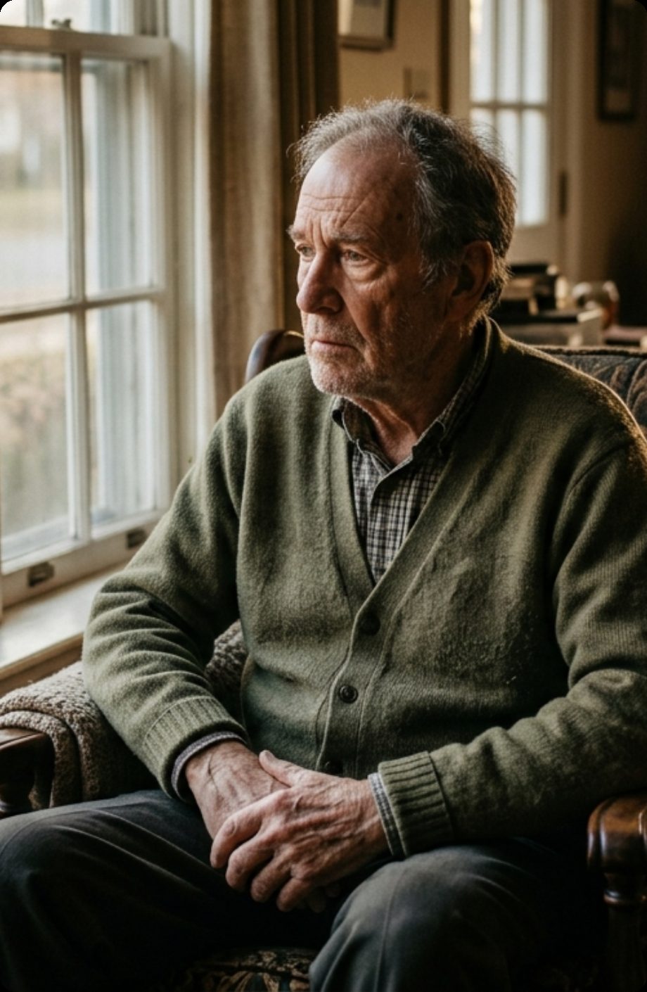 Senior man sitting near window (placeholder)